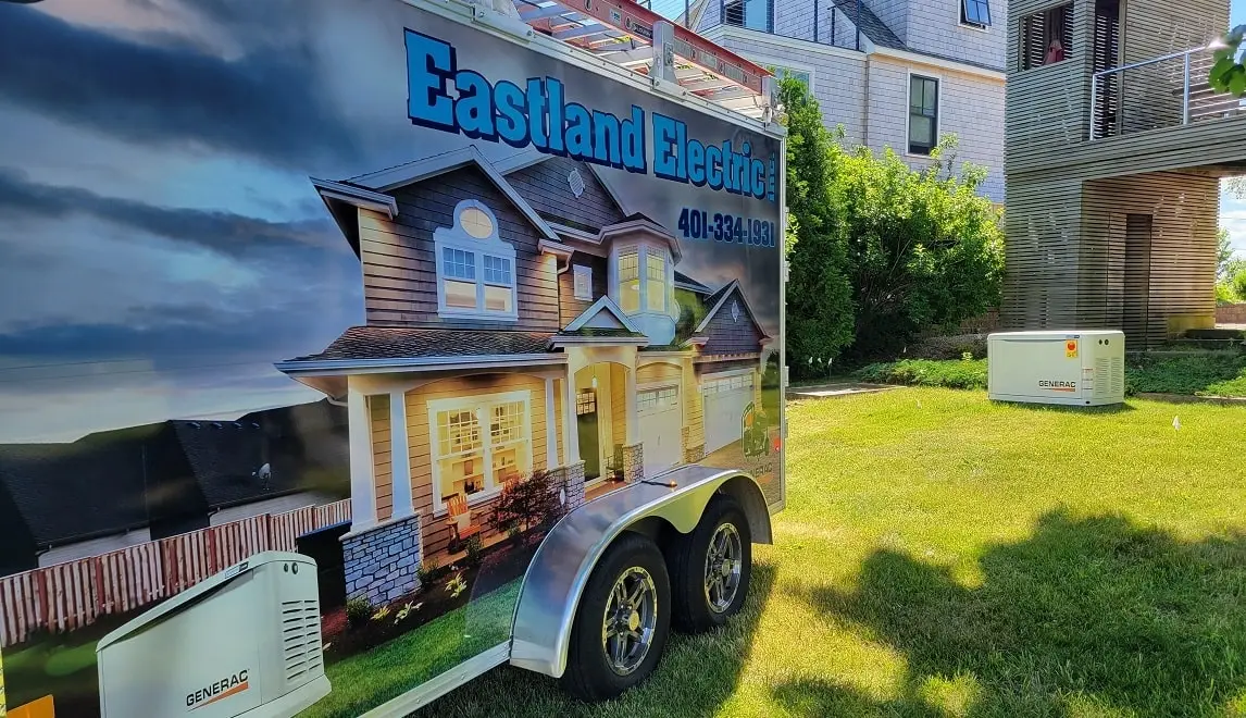 Eastland Electric truck parked in front of a residential generator