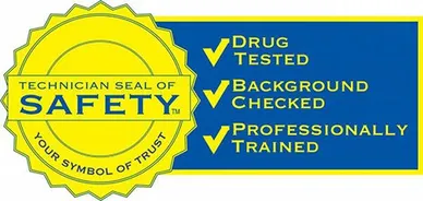 Technician seal of safety, showing drug tested, background checked and professionally trained